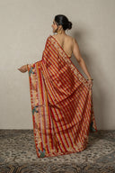 Red Striped Banarasi Tissue Saree With Zardozi & Resham Peacock