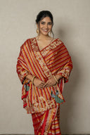 Red Striped Banarasi Tissue Saree With Zardozi & Resham Peacock