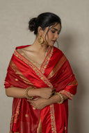 Brick Red Tussar Silk Saree With Zardozi