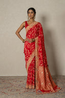 Red Banarasi Goergette Saree With Zardozi Border