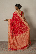Red Banarasi Goergette Saree With Zardozi Border