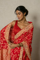 Red Banarasi Goergette Saree With Zardozi Border