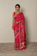 Red Handloom Bandhej Saree With Zardozi Border