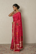 Red Handloom Bandhej Saree With Zardozi Border