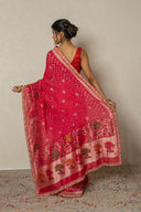 Red Handloom Bandhej Saree With Zardozi Border