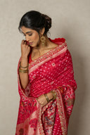 Red Handloom Bandhej Saree With Zardozi Border