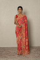 Red Bandhej Minakari Saree With Heavy Wedding Procession Border