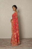 Red Bandhej Minakari Saree With Heavy Wedding Procession Border