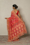 Red Banarasi Khadi Bandhej Saree With Zardozi Work