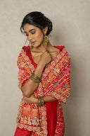 Red Banarasi Khadi Bandhej Saree With Zardozi Work