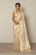Self Stripe Sheer Tissue Saree With Leaf Border