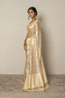Self Stripe Sheer Tissue Saree With Leaf Border