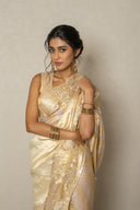 Self Stripe Sheer Tissue Saree With Leaf Border