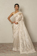 Ivory Gold Tissue Stripe Saree With Sequence, Cutdana & Pearl Border