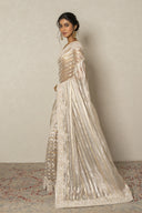 Ivory Gold Tissue Stripe Saree With Sequence, Cutdana & Pearl Border