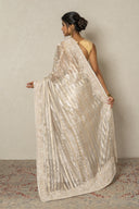 Ivory Gold Tissue Stripe Saree With Sequence, Cutdana & Pearl Border
