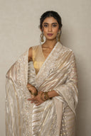 Ivory Gold Tissue Stripe Saree With Sequence, Cutdana & Pearl Border