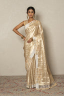 Gold & Ivory Zari Woven Silk Saree With Floral Embroidery