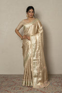 Ivory-Gold Banarasi Tissue Saree With Zardozi Work
