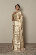 Ivory-Gold Banarasi Tissue Saree With Zardozi Work
