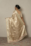Ivory-Gold Banarasi Tissue Saree With Zardozi Work