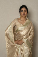 Ivory-Gold Banarasi Tissue Saree With Zardozi Work