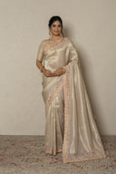 Dusty Silver & Lavender Tissue Saree With Zardozi & Pearl Work