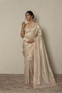 Dusty Silver & Lavender Tissue Saree With Zardozi & Pearl Work