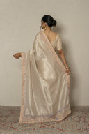 Dusty Silver & Lavender Tissue Saree With Zardozi & Pearl Work