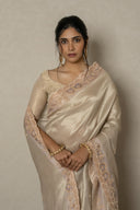 Dusty Silver & Lavender Tissue Saree With Zardozi & Pearl Work