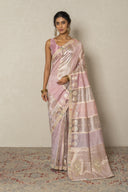 Lilac Lavender Handloom Silk Tissue Saree With Zardozi Border