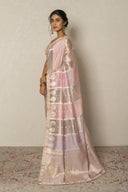 Lilac Lavender Handloom Silk Tissue Saree With Zardozi Border