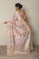 Lilac Lavender Handloom Silk Tissue Saree With Zardozi Border