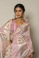 Lilac Lavender Handloom Silk Tissue Saree With Zardozi Border