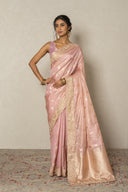 Rose Pink Tissue Silk Saree With Zardozi Work