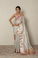 Grey Crushed Tissue Blend Saree With Applic Work