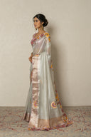 Grey Crushed Tissue Blend Saree With Applic Work