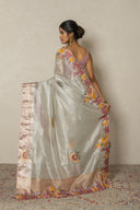Grey Crushed Tissue Blend Saree With Applic Work
