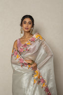 Grey Crushed Tissue Blend Saree With Applic Work