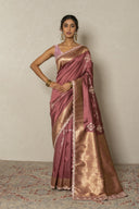 Copper Brown Silk Saree With Aari Zardozi Work
