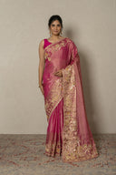 Pink Banarasi Tissue Silk Saree With Traditional Zardozi Work