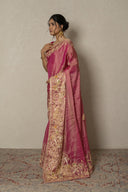 Pink Banarasi Tissue Silk Saree With Traditional Zardozi Work