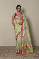 Pista Green Organza Tissue Saree With Pink Floral Embroidery