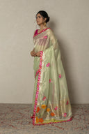 Pista Green Organza Tissue Saree With Pink Floral Embroidery