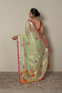 Pista Green Organza Tissue Saree With Pink Floral Embroidery