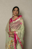 Pista Green Organza Tissue Saree With Pink Floral Embroidery