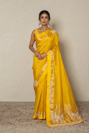 Mustard Yellow Banarasi Kora Saree With Butterfly Embroidery
