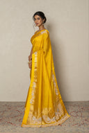 Mustard Yellow Banarasi Kora Saree With Butterfly Embroidery