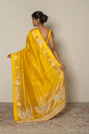 Mustard Yellow Banarasi Kora Saree With Butterfly Embroidery