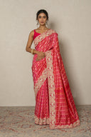 Coral Pink Patola Silk Saree With Zardozi & Aari Work